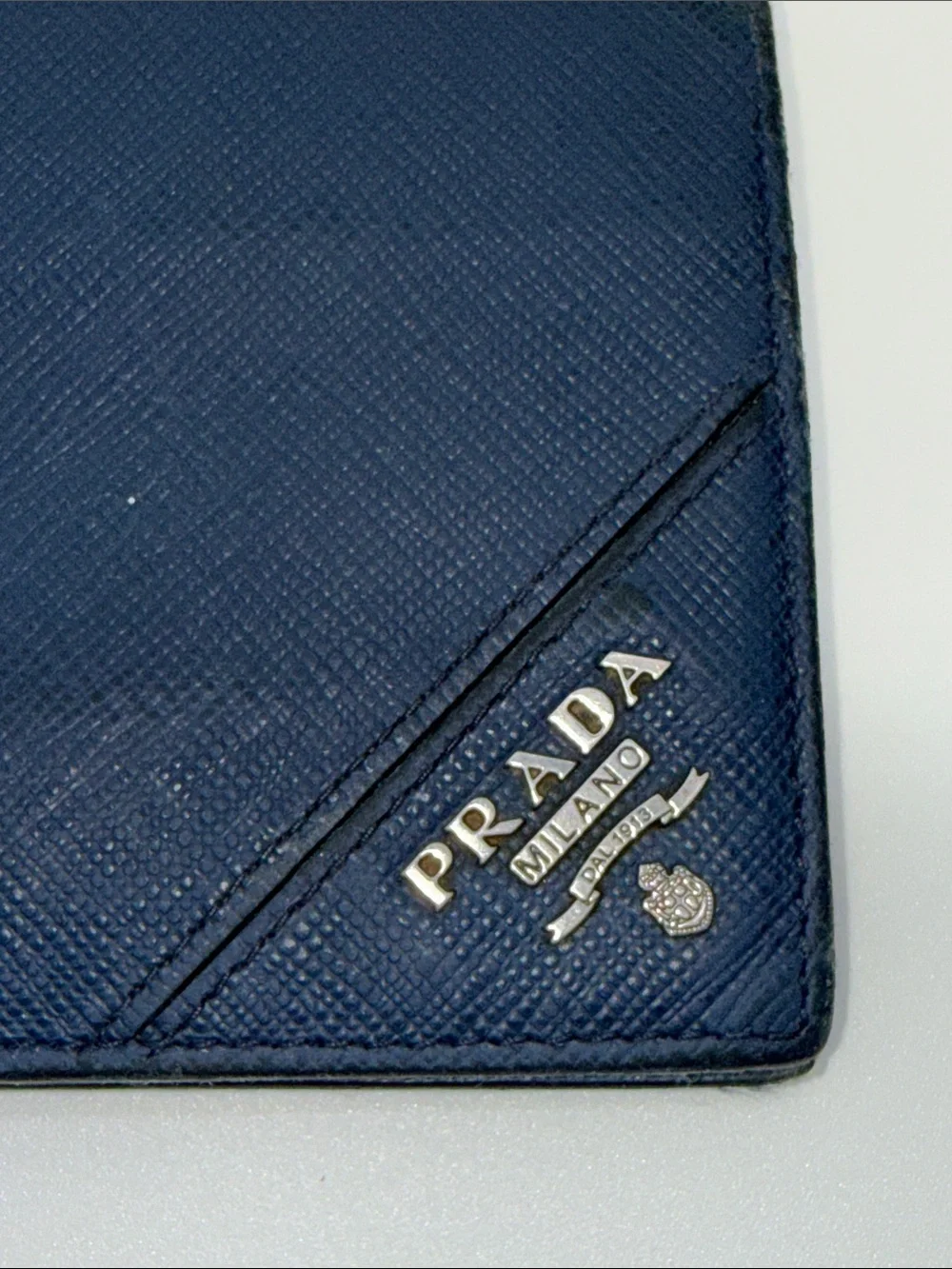 Prada Navy Saffiano Leather Money Clip Wallet with Gold Logo